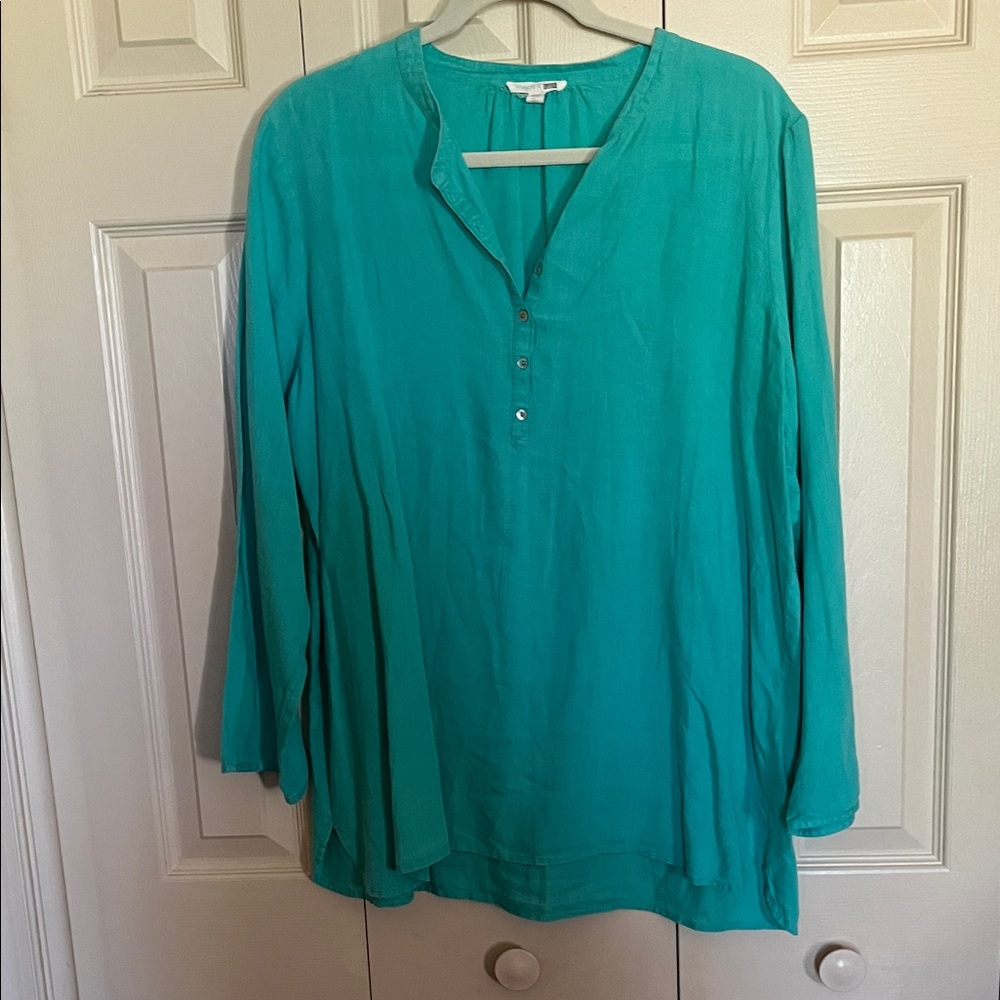 Eileen Fisher Teal Long-Sleeve Split-Neck Tunic